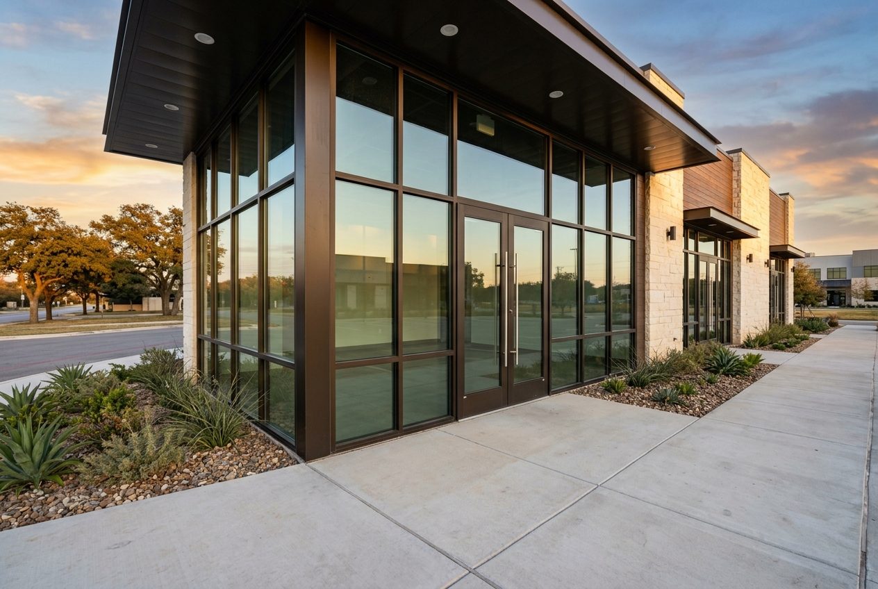 Modern aluminum-framed commercial glass storefront entrance in Weatherford, TX